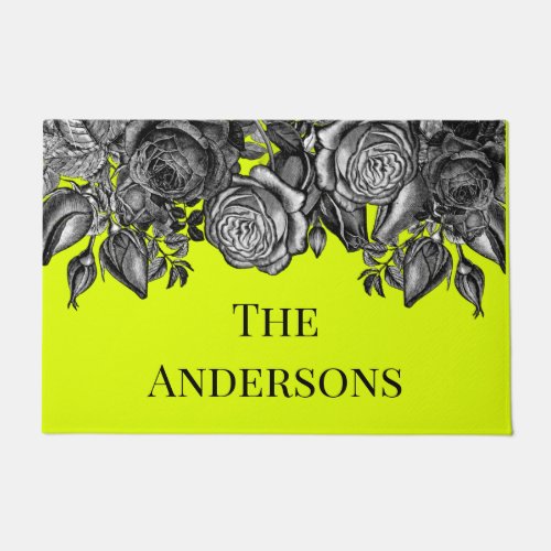 Black Roses Family Name Electric Lime Green Doormat