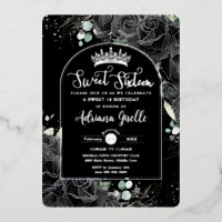 Black Roses Floral Black Silver Sweet 16 Birthday