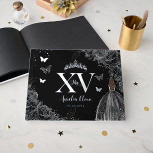 Black Roses Floral Butterflies Silver Quinceañera Foil Guest Book