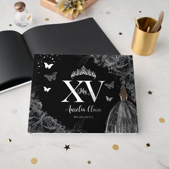 Black Roses Floral Butterflies Silver Quinceañera  Foil Guest Book (Front Open)