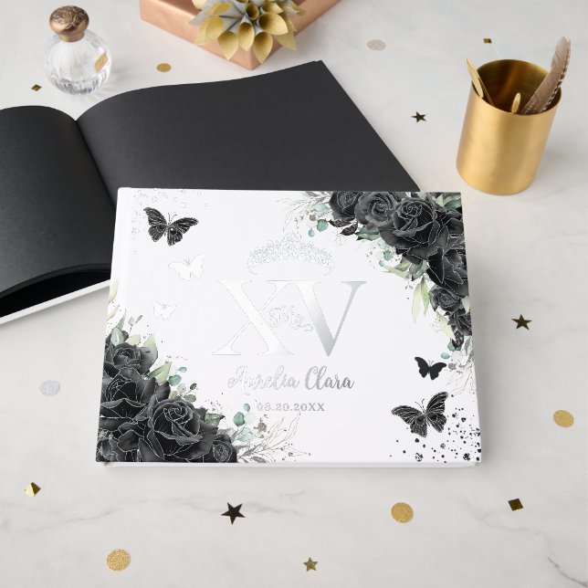 Black Roses Floral Butterflies Silver Quinceañera  Foil Guest Book (Front Open)