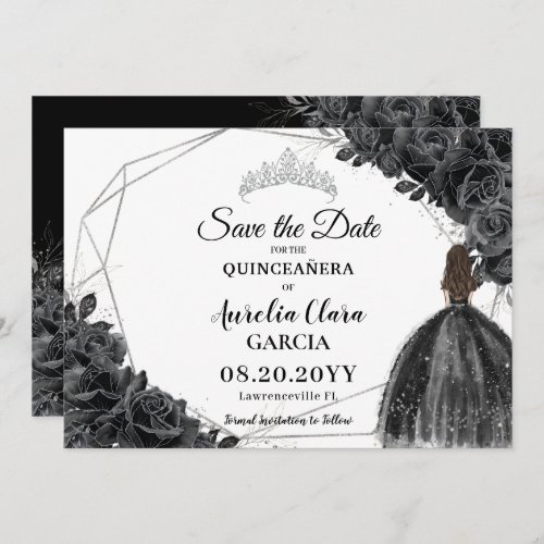 Black Roses Floral Dress XV 15 Silver Quincea&#241;era Save The Date