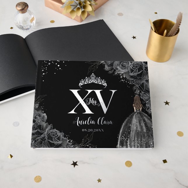 Black Roses Floral Girl Dress Silver Quinceañera  Foil Guest Book (Front Open)