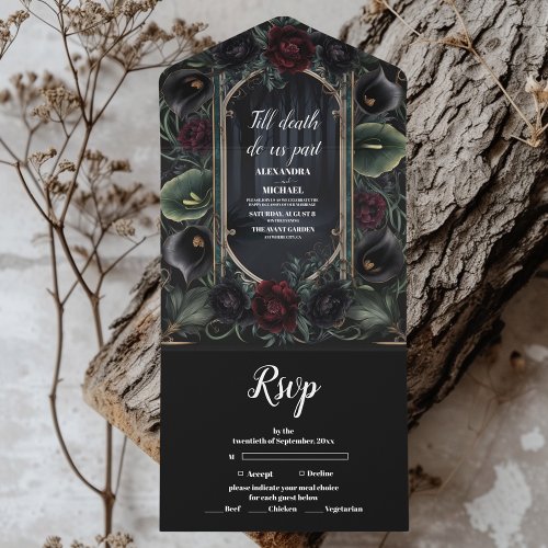 Black Roses Floral Gothic Halloween Wedding All In One Invitation