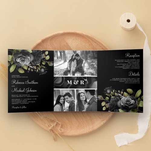 Black Roses Floral Photo Collage Gothic Wedding Tri_Fold Invitation