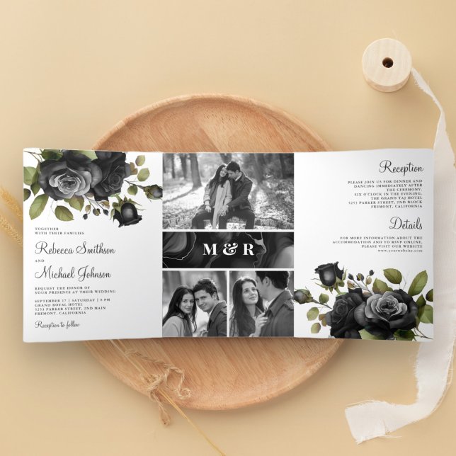 Black Roses Floral Photo Collage White Wedding Tri-Fold Invitation (Creator Uploaded)