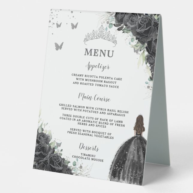 Black Roses Floral Quinceañera Food Drinks Menu Table Tent (Front)