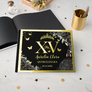 Black Roses Floral Quinceañera Quince 15 XV Gold Foil Guest Book