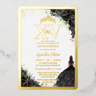 Black Roses Floral Quinceañera Quince 15 XV Gold Foil Invitation