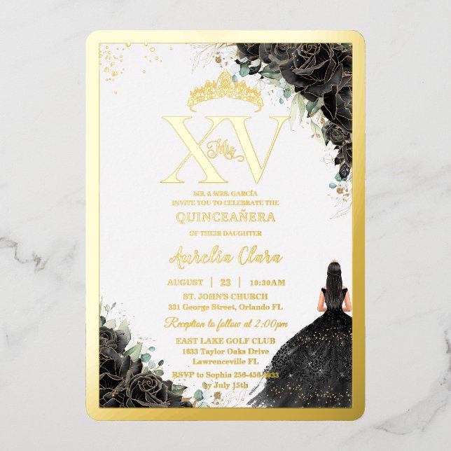 Black Roses Floral Quinceañera Quince 15 XV Gold Foil Invitation (Front)