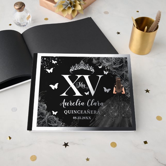 Black Roses Floral Quinceañera Quince 15 XV Silver Foil Guest Book (Front Open)