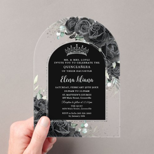 Black Roses Floral Silver Quinceanera Sweet 16 