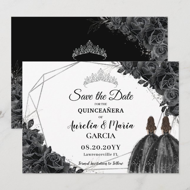 Black Roses Floral Twins XV Silver Quinceañera Save The Date (Front/Back)