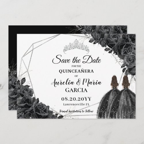 Black Roses Floral Twins XV Silver Quincea&#241;era Save The Date