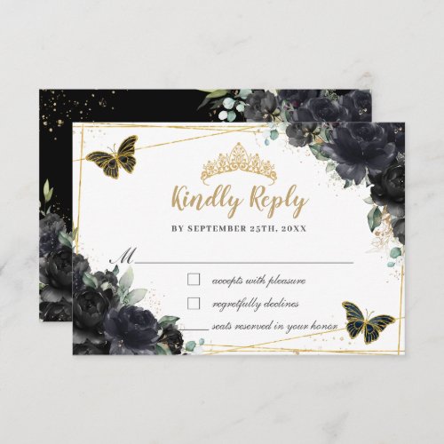 Black Roses Flowers Gold Quinceaera Butterflies RSVP Card