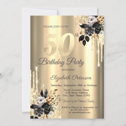 Black Roses Glitter Drips Gold 50th Birthday Invitation