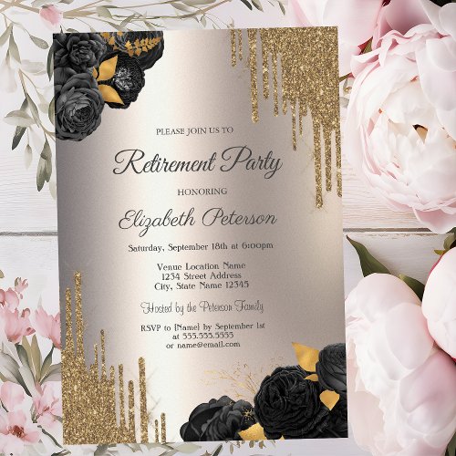 Black Roses Glitter Drips Ivory Retirement Party