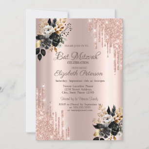 Black Roses Glitter Drips Rose Gold Bar Mitzvah Invitation