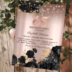 Black Roses Glitter Rose Gold 65th Birthday Invitation