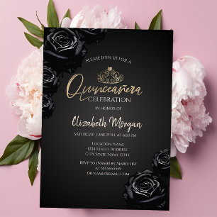 Black Roses Gold Tiara Black Quinceañera Invitation