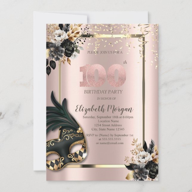 Black Roses Masque Confetti Rose Gold 100th  Invitation (Front)