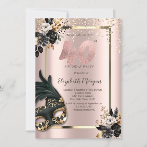 Black Roses Masque Confetti Rose Gold 40th Invitation