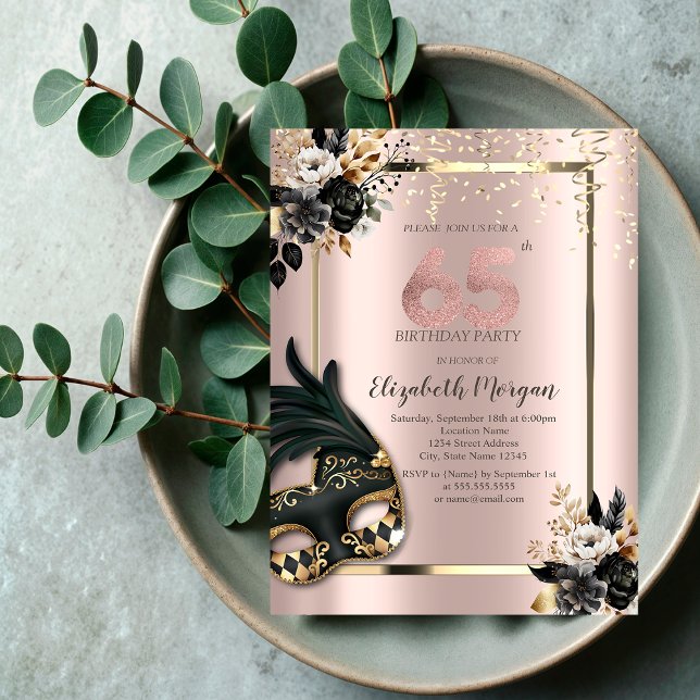 Black Roses Masque Confetti Rose Gold 65th Invitation (Creator Uploaded)