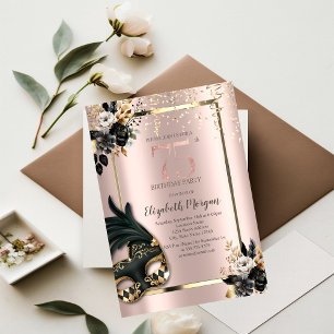 Black Roses Masque Confetti Rose Gold 75th Invitation