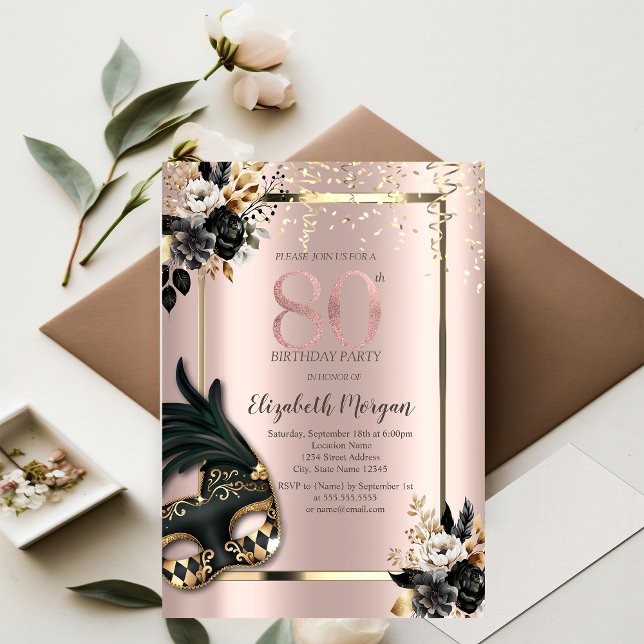 Black Roses Masque Confetti Rose Gold 80th Invitation (Creator Uploaded)