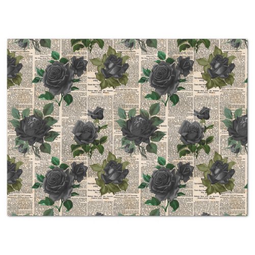 Black Roses on Vintage Newsprint Decoupage Tissue Paper