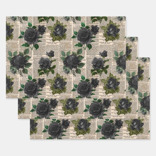 Black Roses on Vintage Newsprint Wrapping Paper Sheets