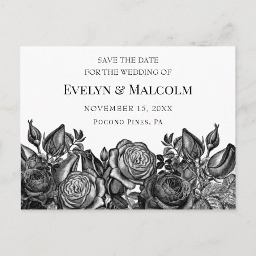 Black Roses on White Save the Date STD Announcement Postcard