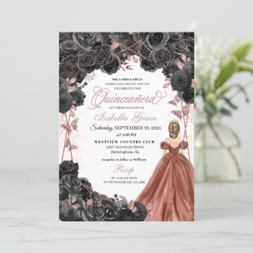 Black Roses Pink Butterfly Glitter Quinceaera Invitation