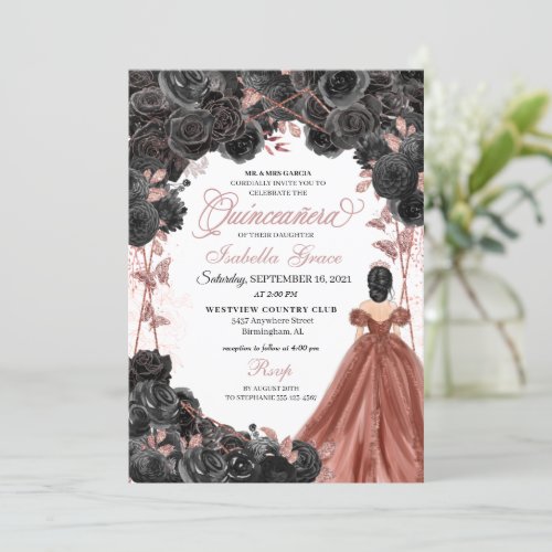 Black Roses Pink Butterfly Glitter Quinceaera Invitation