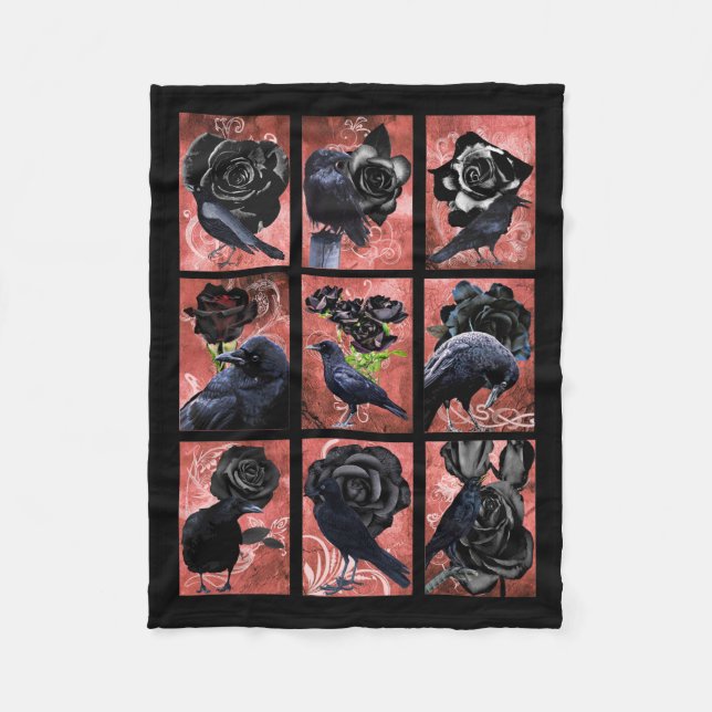 Black roses ravens and crows gothic art collage fleece blanket (Front)