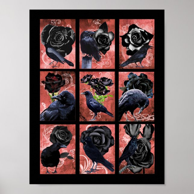 Black roses ravens and crows gothic art collage poster (Front)