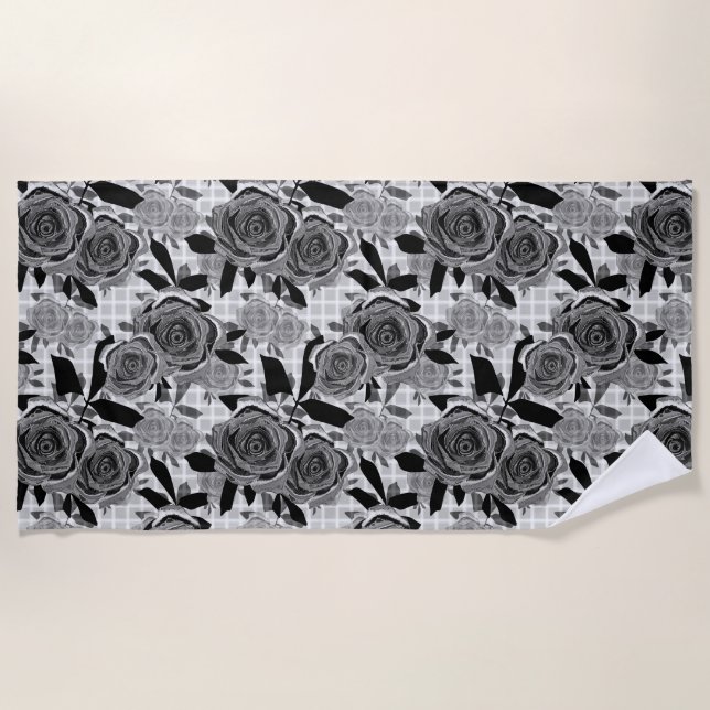 Black roses, roses, black and gray  beach towel (Front)