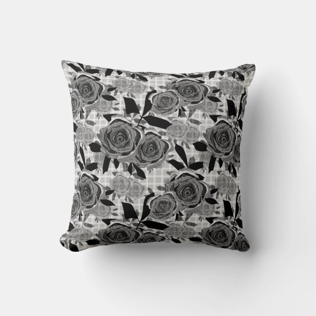 Black roses, roses, black and gray , black pattern throw pillow (Front)