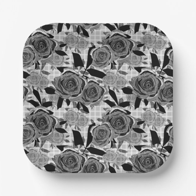 Black roses, roses, black and gray   paper plates (Front)
