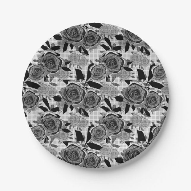 Black roses, roses, black and gray   paper plates (Front)