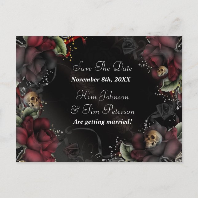 Black Roses + Skulls Gothic Wedding Postcard (Front)