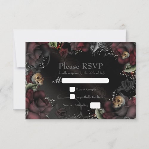 Black Roses  Skulls Gothic Wedding RSVP Card