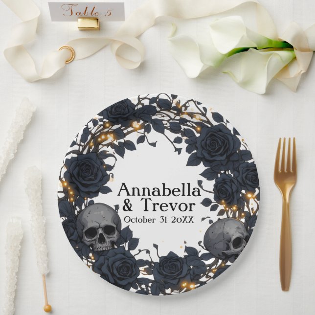 Black Roses & Skulls Personalized Gothic Wedding Paper Plates (Wedding)
