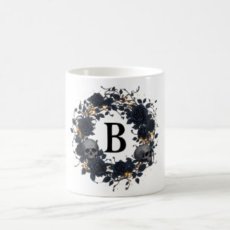 Black Roses & Skulls Personalized Initial Coffee Mug
