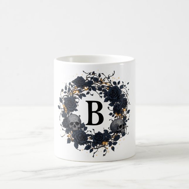 Black Roses & Skulls Personalized Initial Coffee Mug (Center)