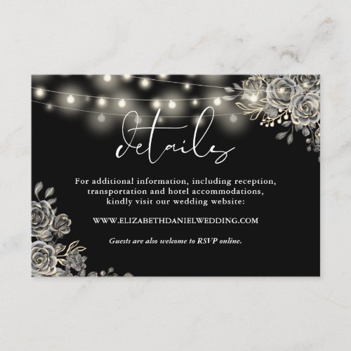 Black Roses String Lights Gothic Wedding Details Enclosure Card
