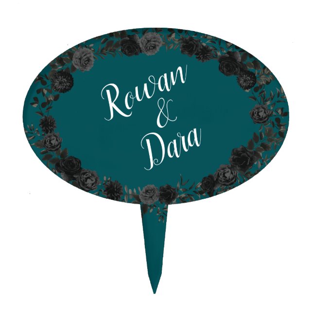Black Roses Teal Wedding Cake Topper (Front)