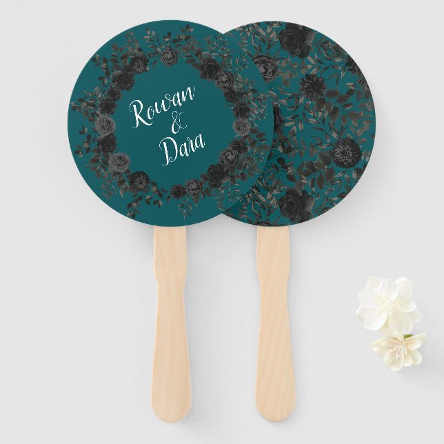 Black Roses Teal Wedding Hand Fan (Front and Back)