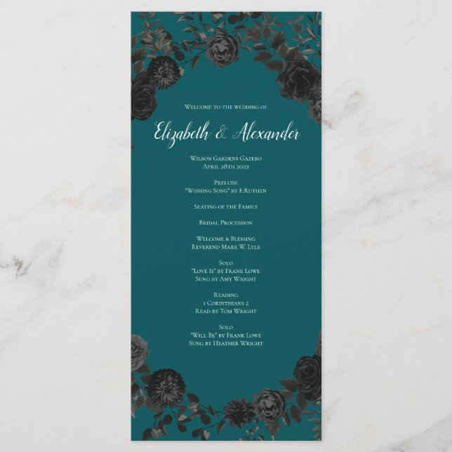 Black Roses Teal Wedding Menu (Front)