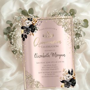 Black Roses,Tiara,Diamonds Rose Gold Quinceañera Invitation